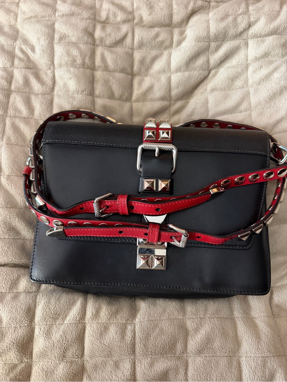 Prada Black Leather Crossbody w/Red Leather Silver-Tone Studded Strap & Accents! - Picture 3 of 15